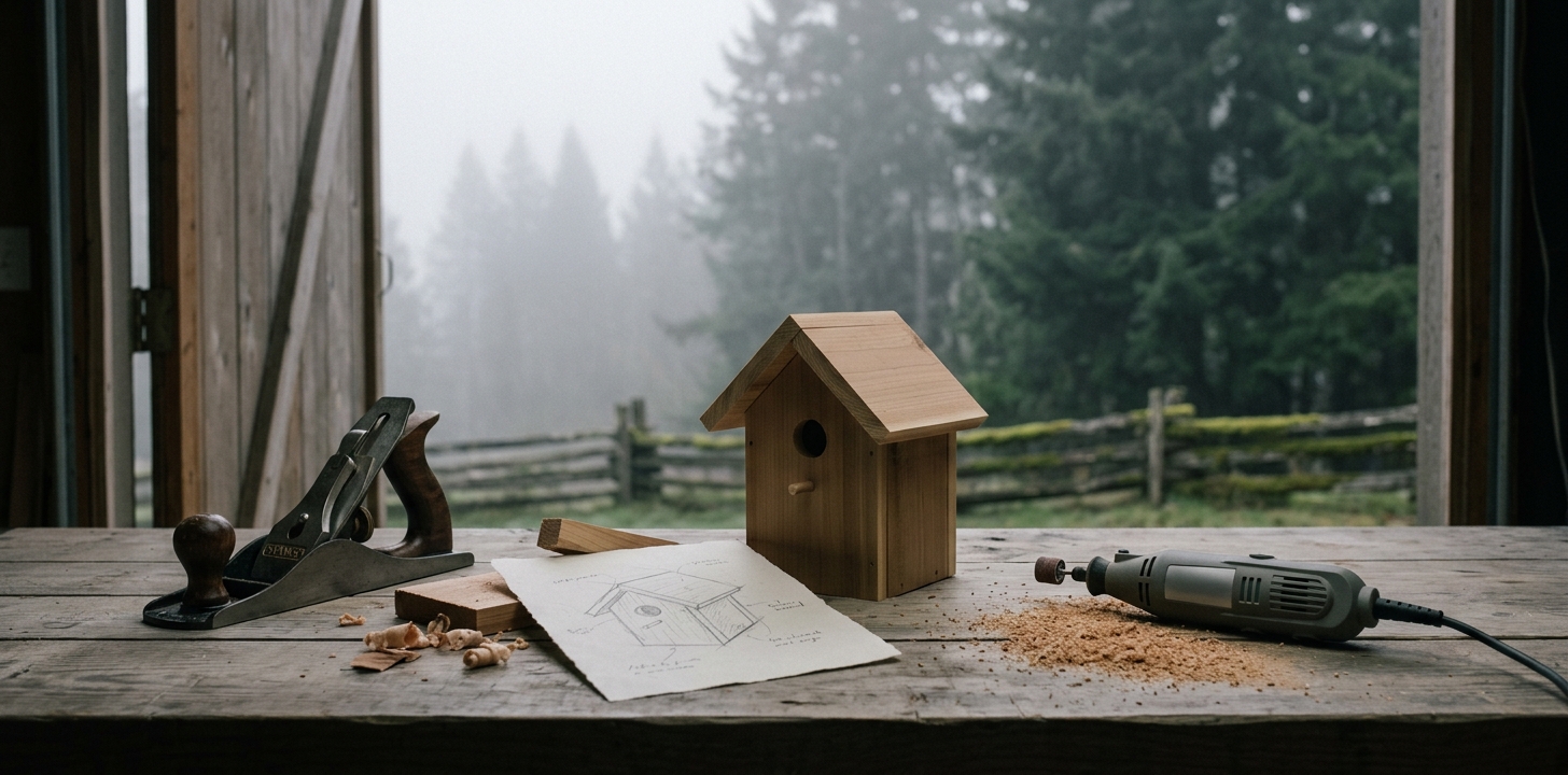 A finished cedar birdhouse on a workbench beside its pencil sketch and a rotary tool in fresh sawdust, with fog and firs through the open shop door