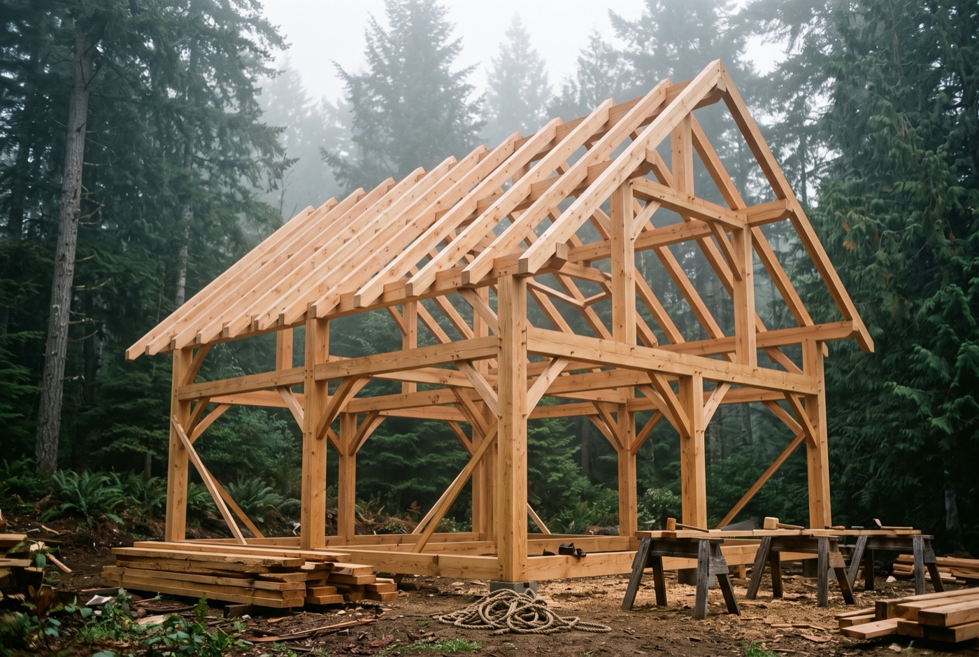 A new timber frame of hand-cut Douglas fir posts and beams rising in a foggy forest clearing