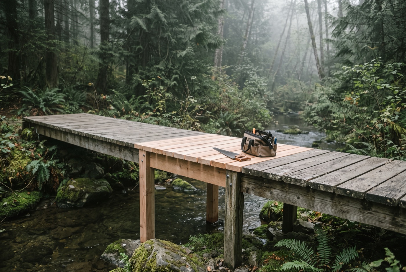 A weathered wooden footbridge over a mossy creek with a section of fresh cedar planks and new posts