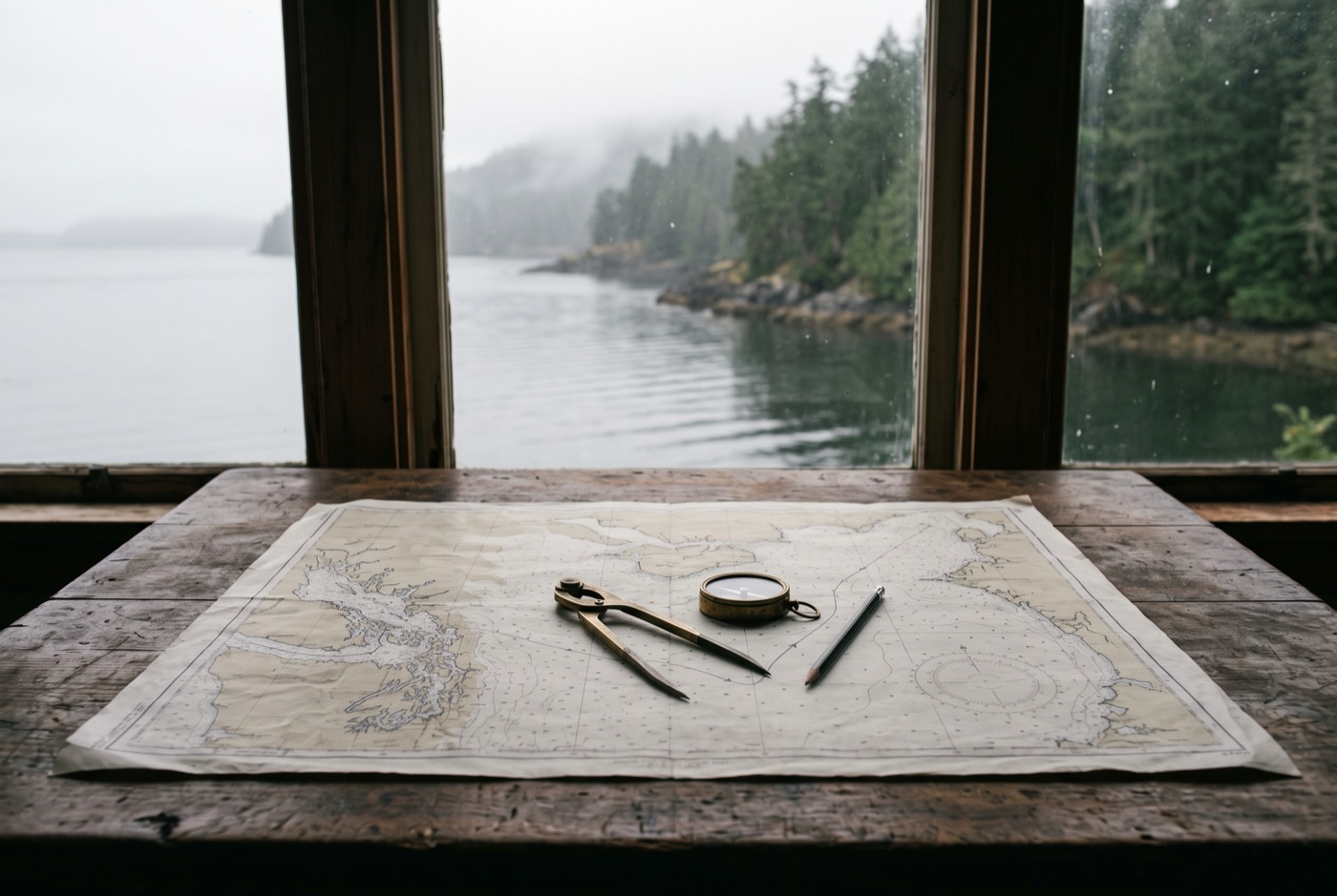 A nautical chart with brass dividers and a compass on a table by a window over a foggy shoreline